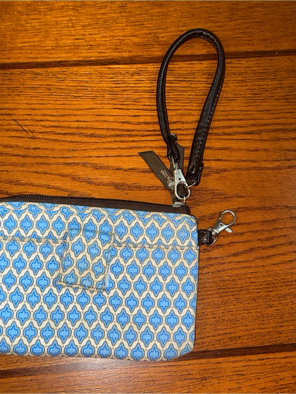 thirty-one Blue Patterned Wristlet with Brown Strap